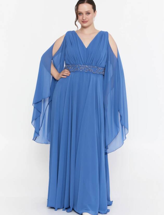 Μαξι αμπιγιε φόρεμα ίντικο από μουσελίνα4