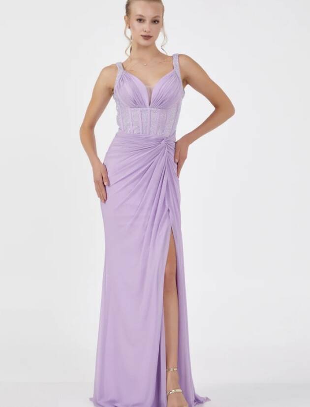 Μαξι γοργονε φόρεμα από ελαστικό τούλι σε λιλά μπροστά