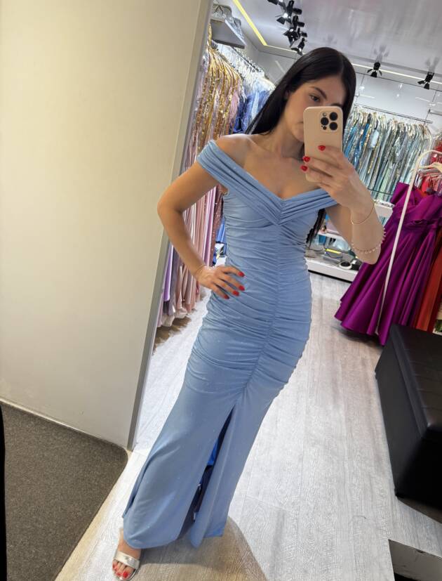 Μιντι γαλάζιο ελαστικό φόρεμα με γκλιτερ και σουρες