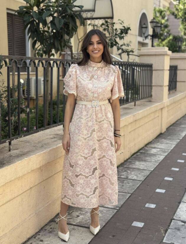 Μιντι φόρεμα από ροζ διάτριτη βαμβακερή4