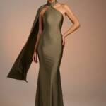Μαξι λάδι φόρεμα ελαστικό με ανοιχτή πλάτη και λωρίδα2