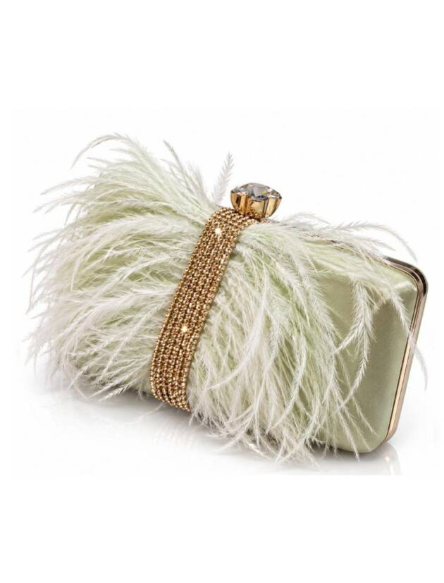 Βραδινό Box Clutch με Πλούσια Φτερά & Χρυσή Φάσα από Στρας – Mint