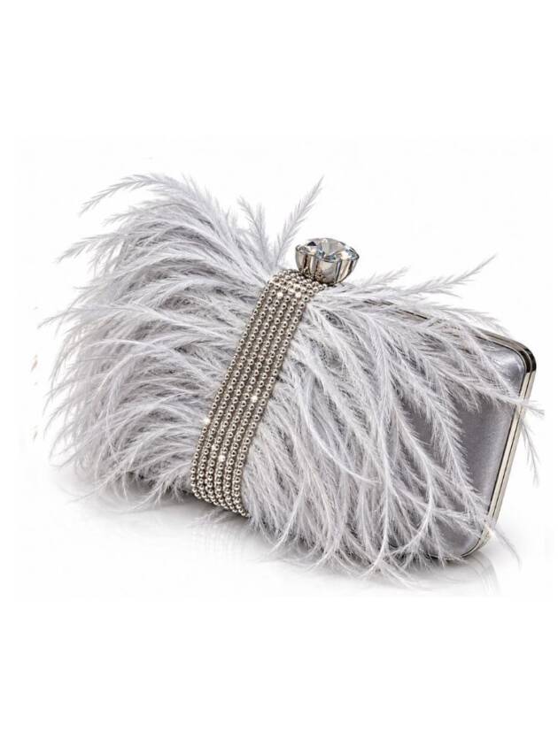 Βραδινό Box Clutch με Πλούσια Φτερά & Ασημένια Φάσα από Στρας – Silver