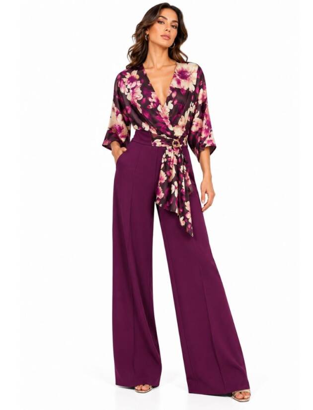Σετ 2 Τεμαχίων Κρουαζέ Floral Toπ & Wide-Leg Παντελόνα – Μωβ