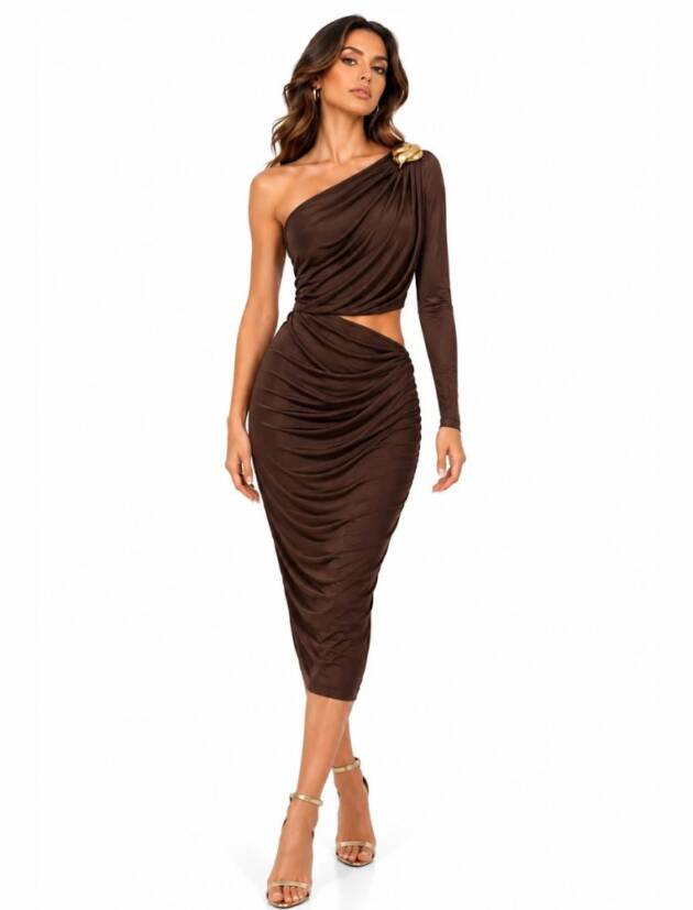 Μidi Φόρεμα One Shoulder, Άνοιγμα στη Μέση & Χρυσή Αγκράφα - Καφέ